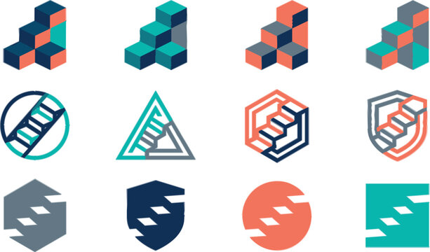  Business growth vector icon set with isometric 3D staircases and abstract geometric progress logos