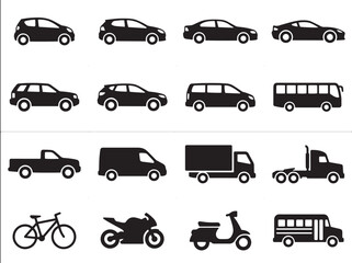 Fototapeta premium Black car icons and vehicle silhouette set, 16 transport vector symbols for logistics and traffic, minimalist automotive side view collection