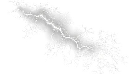 White lightning bolt striking in the sky with branches extending from the center isolated on transparent background, light overlay, PNG © Liubov