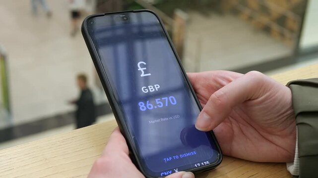 Modern traveler checking British Pound exchange rates on a mobile app. High-quality fintech UI showing GBP market value. Ideal for global banking, travel finance, and digital nomad lifestyle videos. 