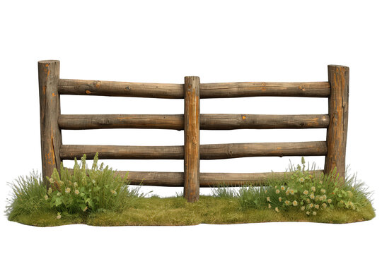 Rustic wooden split rail fence with log posts and green grass, creating boundaries on a farm, transparent background