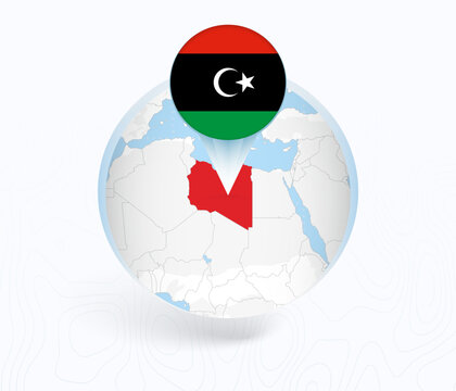 Libya Map with Round Libya Flag Pin Pointer on Circular Globe.