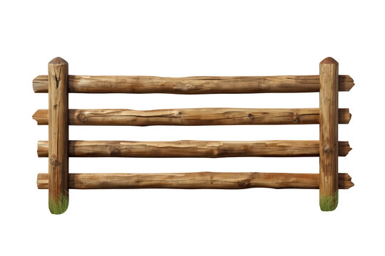 Rustic wooden log fence creating a boundary, a natural barrier element with green grass at the base on transparent background