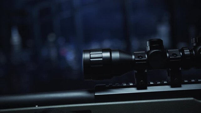 Cinematic close-up of a black telescopic scope mounted on a sniper rifle in a dark, moody interior.
