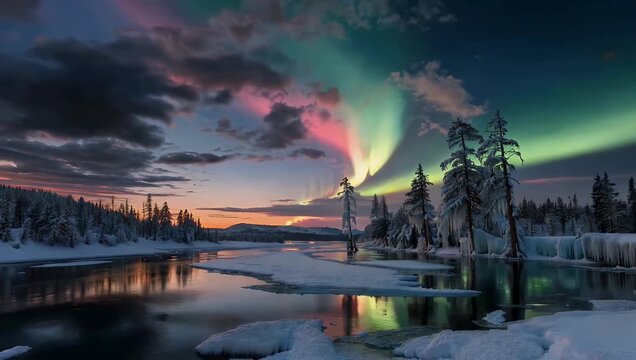 Mind blowing 4K night sky interval lapse showing a frozen woodland creek transitioning from dusk to deep night as the shimmering green curtains of the northern lights reflect beautifully on the icy