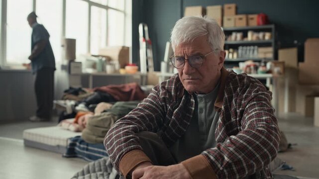 Portrait of senior Caucasian man sitting on floor of temporary shelter with worried expression while volunteer works in background. Video is perfect for humanitarian aid and NGO campaigns