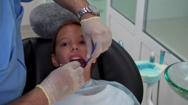 Dentist placing cotton roll in little girl mouth with tweezers during treatment close up.