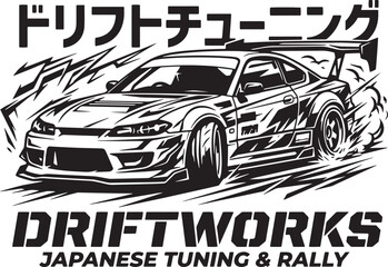 Japanese drift car vector illustration, JDM tuning culture sports car with kanji text, black and white rally racing graphic for apparel © Seema
