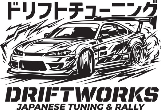 Japanese drift car vector illustration, JDM tuning culture sports car with kanji text, black and white rally racing graphic for apparel