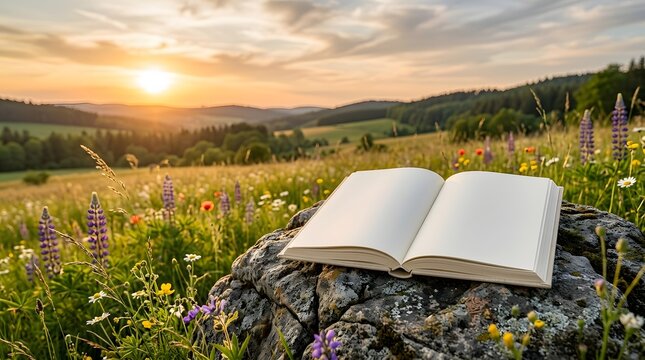 Open book on a rock in a field of flowers