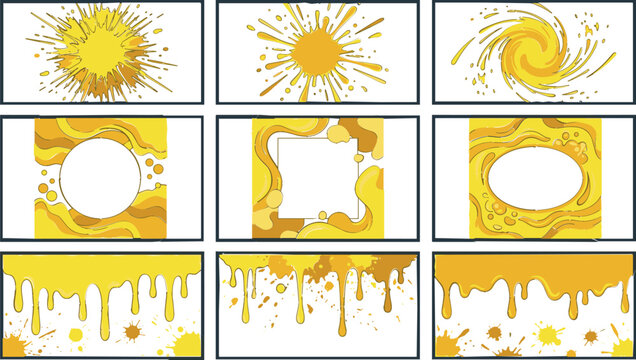 Cartoon honey splash vector frame collection with yellow liquid paint splatter borders and dripping banners