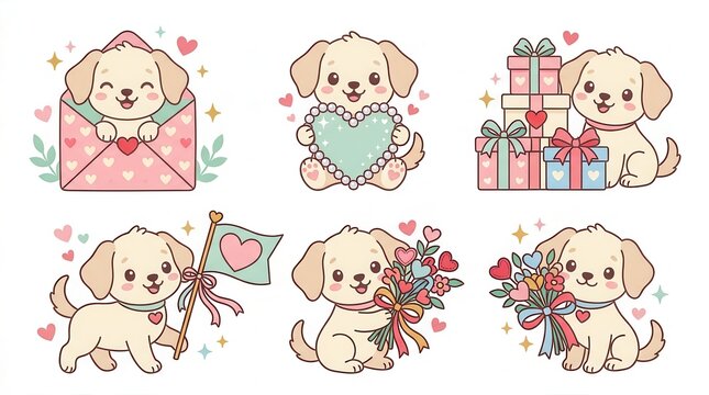 Happy cartoon puppies express affection holding hearts, presents, and bouquets