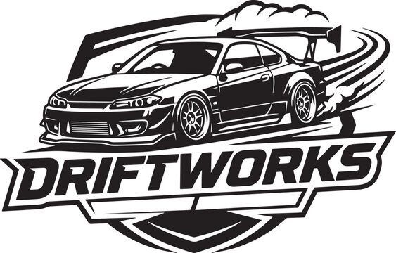 Driftworks racing car vector logo, monochrome sports car drifting with tire smoke, automotive performance badge for apparel