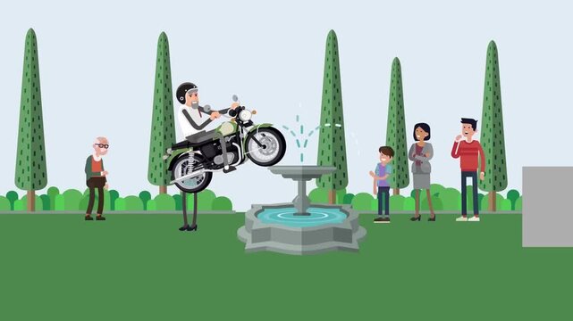 2D Animated Man Performing Motorcycle Stunt Near Water Fountain in Public Green Park with People Watching Flat Vector Animation Footage