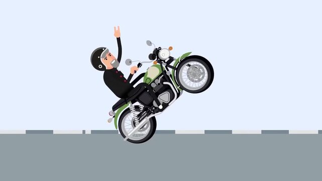 2D Animated Biker Riding Motorcycle on Road Performing Wheelie Stunt and Waving Hand Flat Vector Professional Character Animation Footage