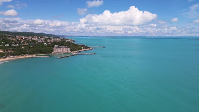 Aerial Panoramic View of Turquoise Sea, Coastal Town and Beautiful Sky