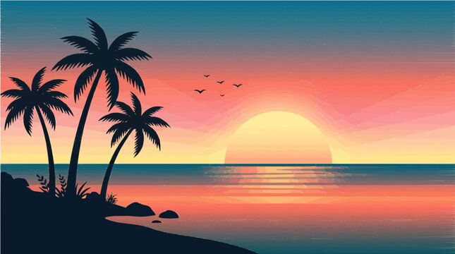 Tropical beach sunset with palm trees vector