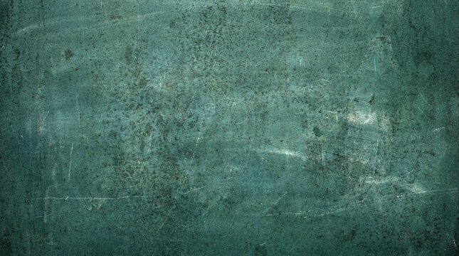 Green texture background, dark teal grunge blackboard surface with chalk scratches and eraser smudges, abstract worn school board backdrop for design, 8K UHD