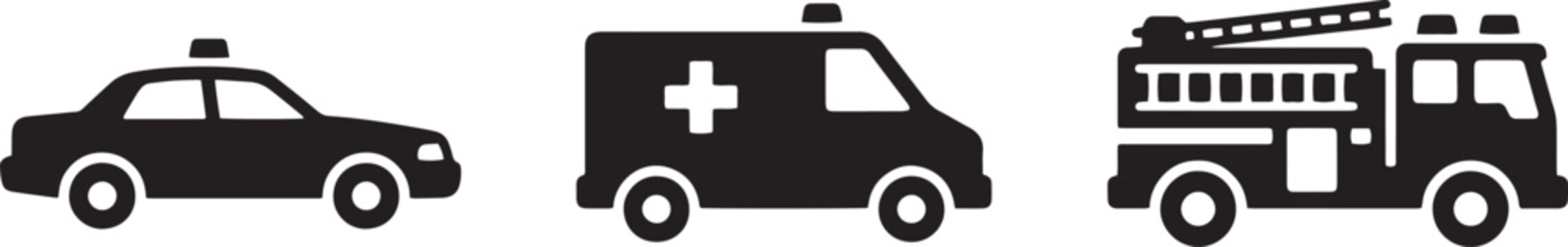 Emergency vehicle icons set, black police car ambulance and fire truck silhouettes, 3 rescue transport vector symbols
