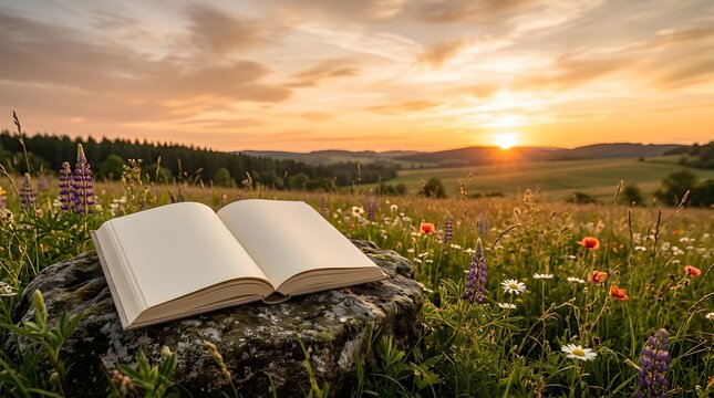 Open book on rock in a field of flowers at sunset