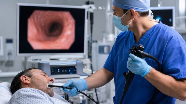 Gastroenterologist doctor performing upper endoscopy gastroscopy procedure on sedated patient with medical camera tube in hospital operating room background
