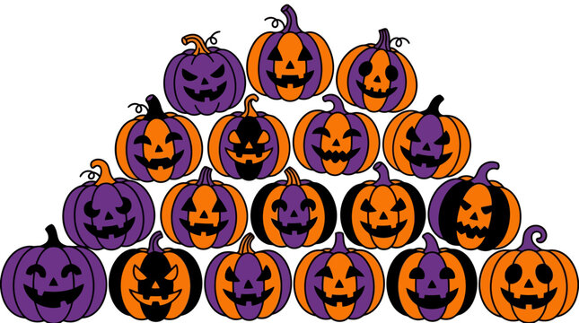 Halloween pumpkins arranged in pyramid shape illustration with carved spooky faces.