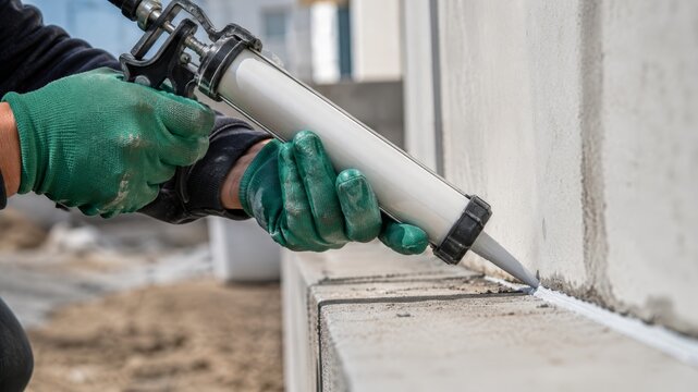 Sealant application on concrete surface, waterproofing construction elements, preventing moisture infiltration, enhancing structural durability, professional building maintenance