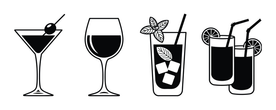 Cocktail Assortment: A collection of various stylized drinks in elegant glasses, including a martini, wine, and cocktails with garnishes, presented in a clean graphic style.