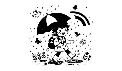 Fototapeta premium Cute Cartoon Child Walking in Rain with Umbrella and Raincoat Vector Illustration