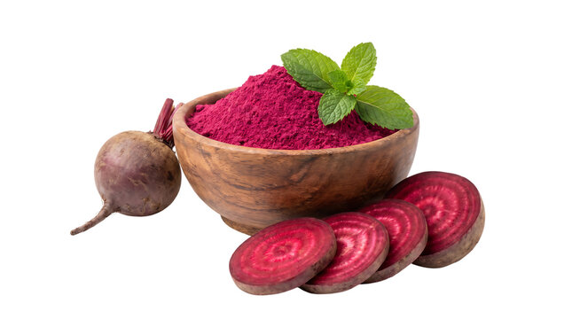 Fresh beets sliced with powder and whole vegetable on transparent background 
