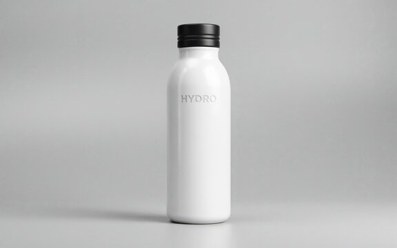 A white metal hydro flask with a black screw on cap and the word hydro on it