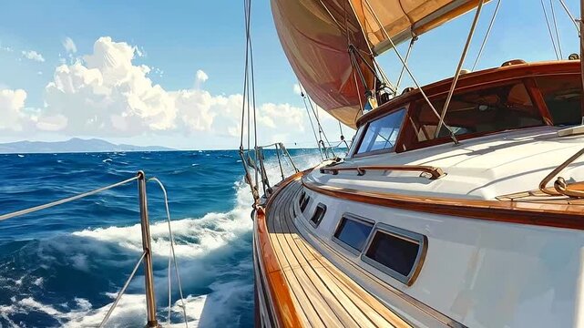 A wooden sailboat glides across the deep blue ocean under a bright sunny sky