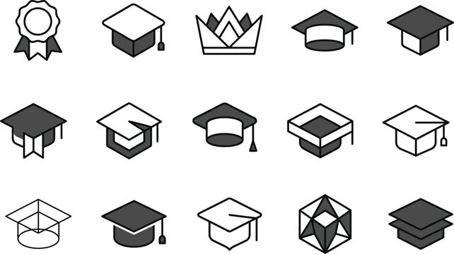 Graduation cap icons set with academic symbols