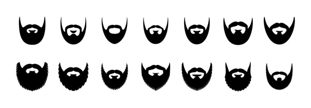 Collection of modern beard and mustache silhouettes isolated on white. Editable vector illustration.