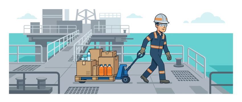 Industrial worker with pallet jack and cargo on offshore platform