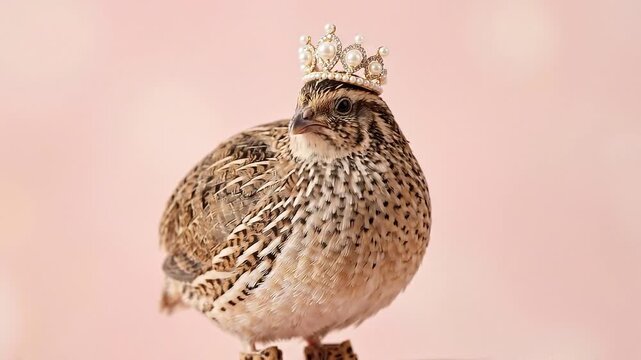 Slow dolly zoom in on quail wearing jeweled crown and miniature leopard boots perched on pink velvet pedestal in studio with soft pastel backdrop and whimsical calm mood
