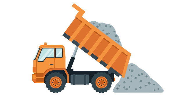 Orange Dump Truck Unloading Gravel and Stones Vector Illustration, Construction Site Tipper Truck Flat Icon on White Background