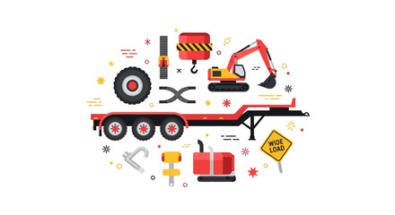 Fototapeta premium Construction Machinery and Heavy Equipment Flat Vector Illustration Set with Excavator, Trailer, and Industrial Tools