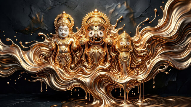 Three golden statues of hindu deities jagannath, balabhadra, and subhadra in generated using ai