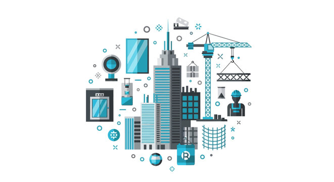Urban Construction and Real Estate Development Concept Illustration with Skyscrapers, Building Crane, and Architecture Icons in Modern Flat Vector Style