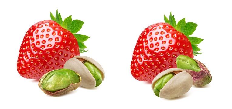 Strawberry and pistachio nuts isolated on white background. Real photography.