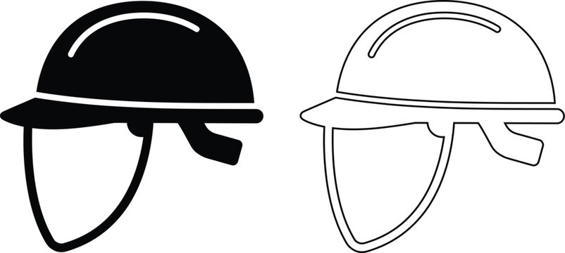 Vector icon set features an industrial construction safety helmet with a protective face shield visor, presented in solid silhouette and outline styles for PPE worker equipment design.