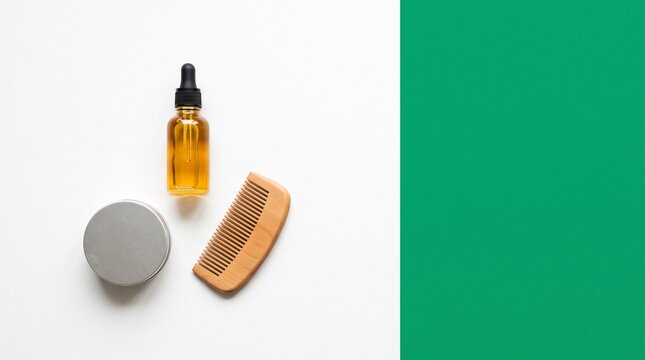 Beard grooming products display with oil, comb, and balm on white surface  