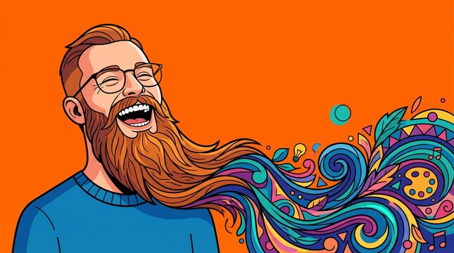 Man with long beard smiling with colorful patterns on orange background  