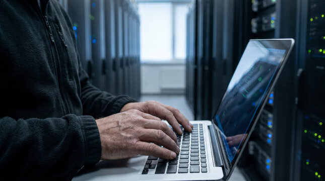 Technician typing on a laptop in front of illuminated server racks in a data center