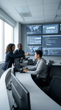 Team monitoring global network operations on large screens in a data center control room