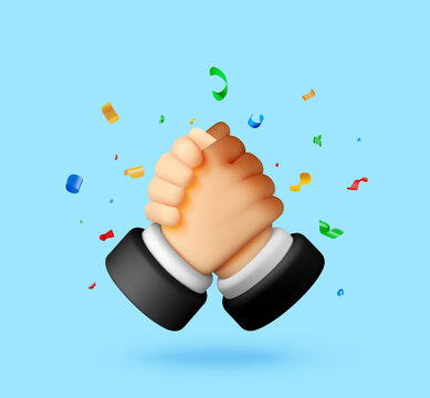 Two cartoon hands shaking in a firm grip with colorful confetti. Business partnership concept. Successful deal and achievement celebration. 3d vector illustration of unity and teamwork.