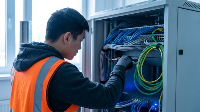 Technician in a safety vest connecting network cables inside an open server rack