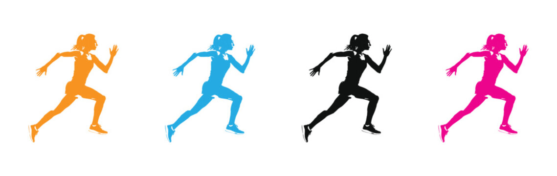  woman icon Four colorful running silhouettes in different poses and colors on white background for fitness and sports concepts vector illustration