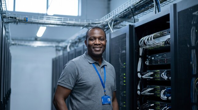 Confident male technician smiling beside server racks in a modern data center